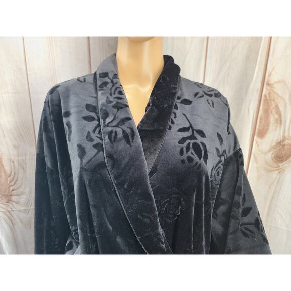 Laurel Rose Country Blk Crushed Velvet Robe Women L Pocket‎ Belt Oversize Unisex - Picture 2 of 8